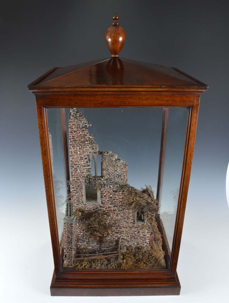 Rare antique mahogany casedcork model of castle ruins.