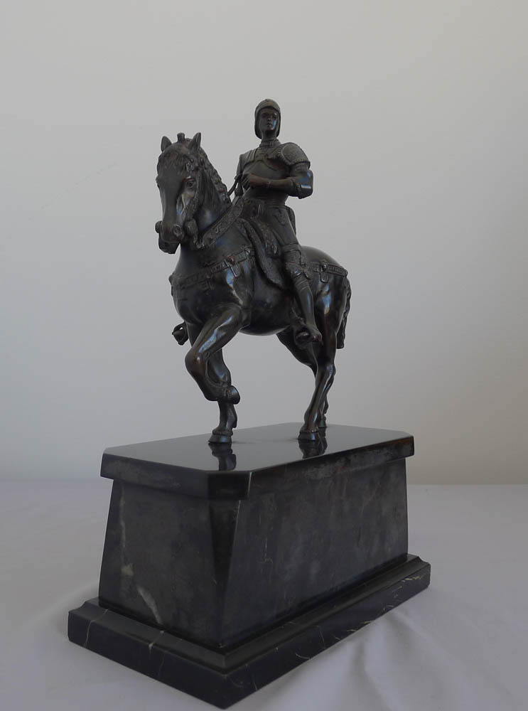 Antique bronze of Italian Rennaissance General  Bartolomeo Colleoni on his warhorse on marble stand.