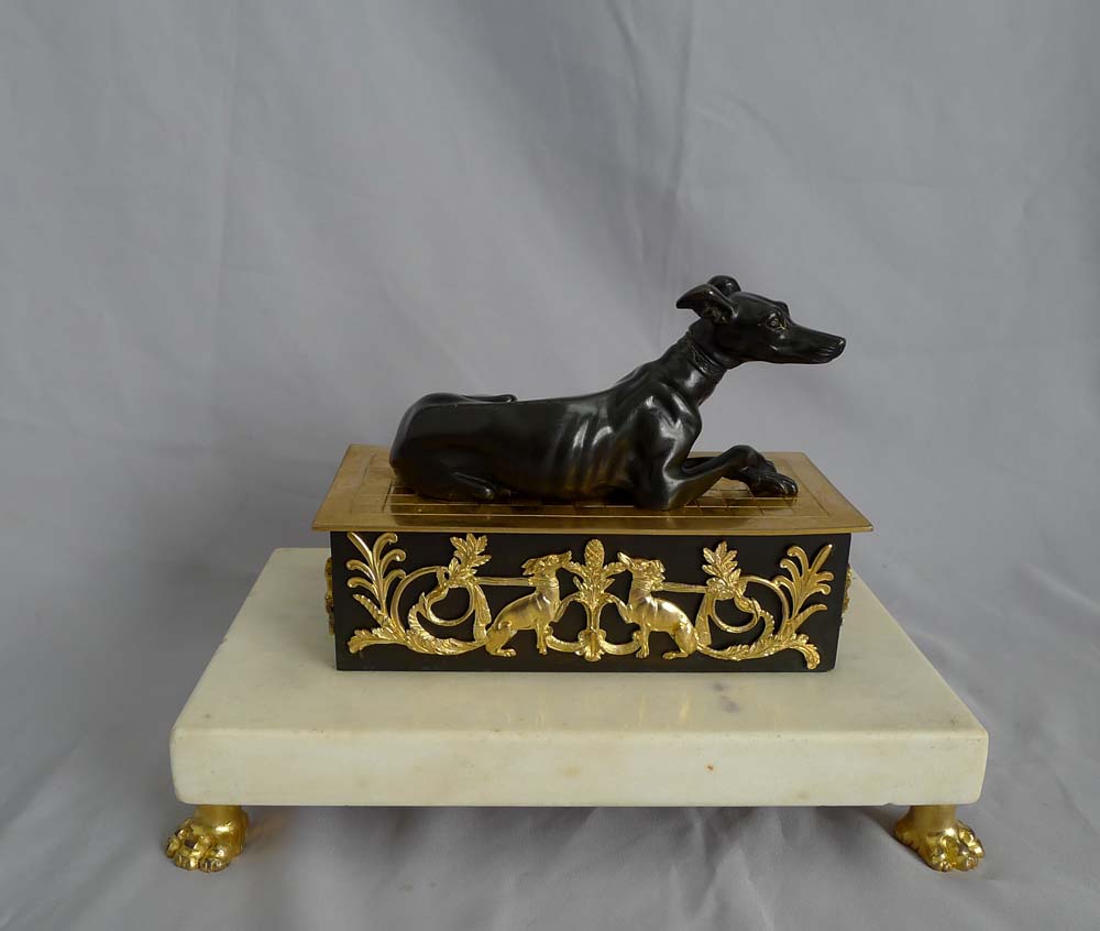 Antique English Regency Ecrier with greyhound in white marble and patinated and gilt bronze.