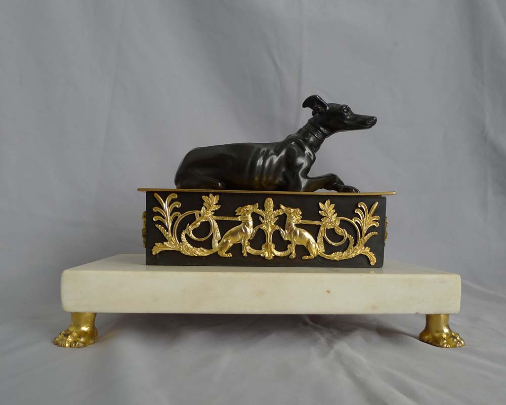 Antique English Regency Ecrier with greyhound in white marble and patinated and gilt bronze.