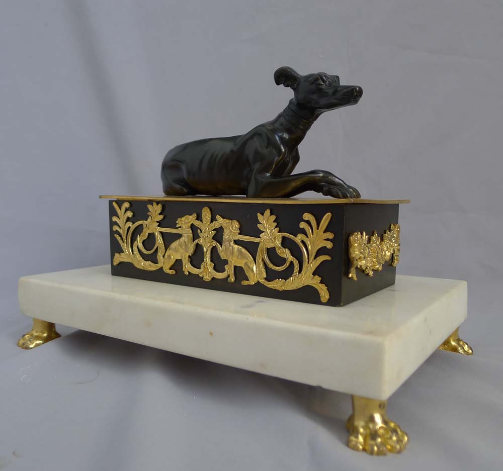 Antique English Regency Ecrier with greyhound in white marble and patinated and gilt bronze.