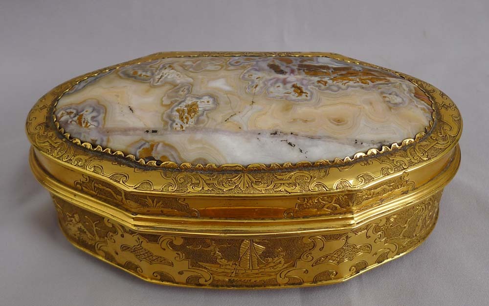 Fine 18th century gilt bronze and split agate box of good size.