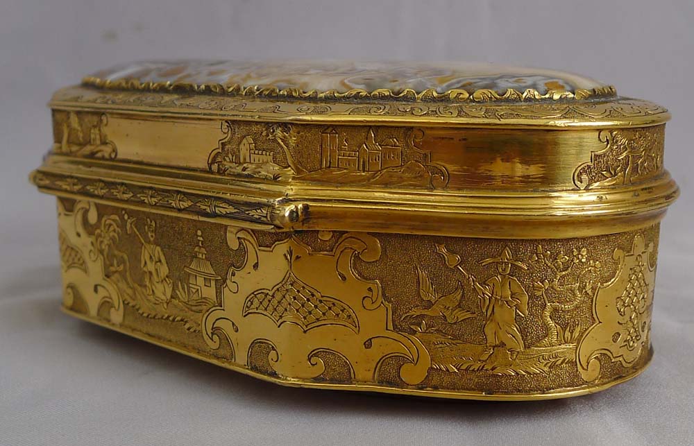 Fine 18th century gilt bronze and split agate box of good size.