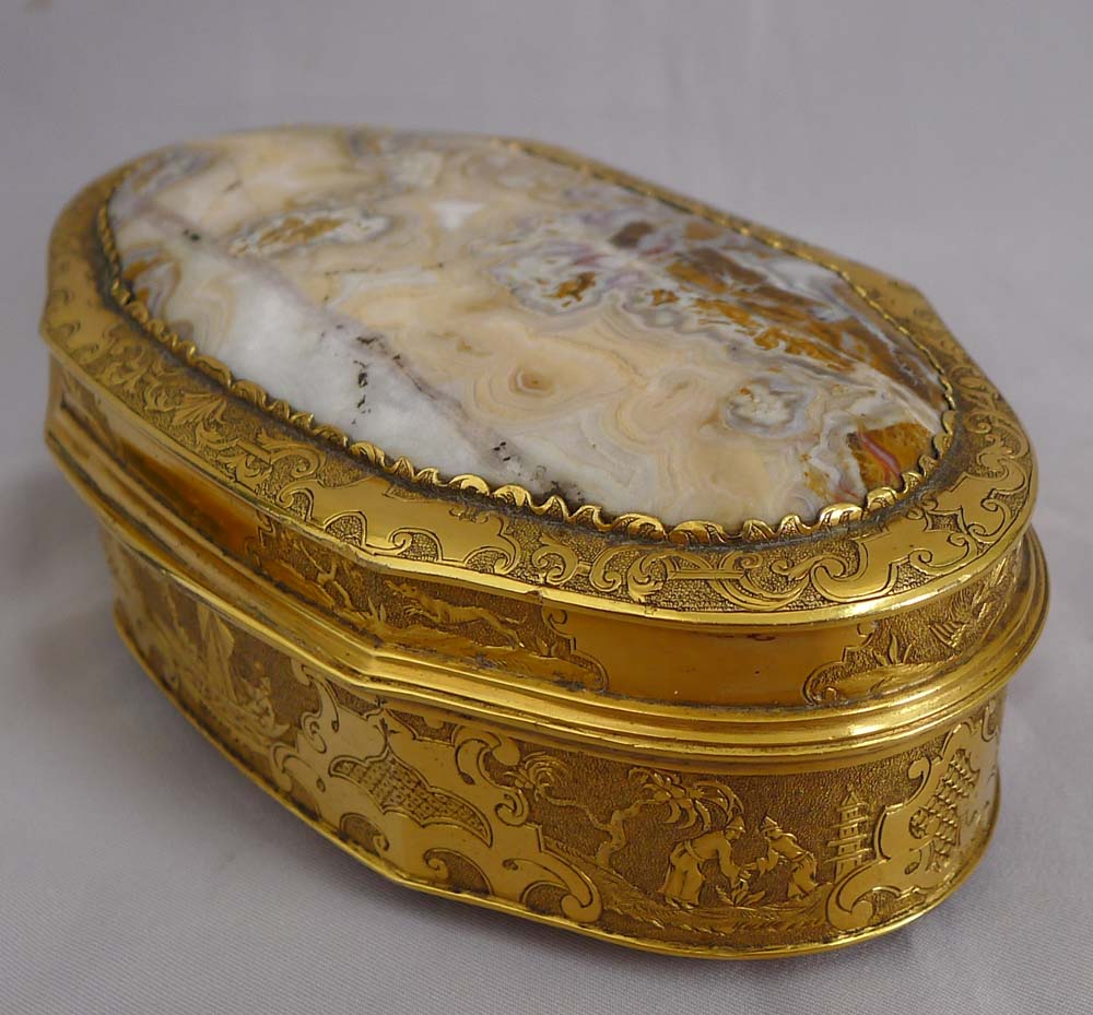 Fine 18th century gilt bronze and split agate box of good size.