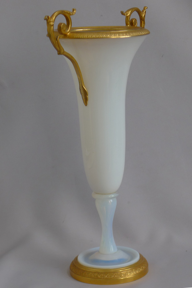 Beautiful pale opalescent glass vase with ormolu mounts.