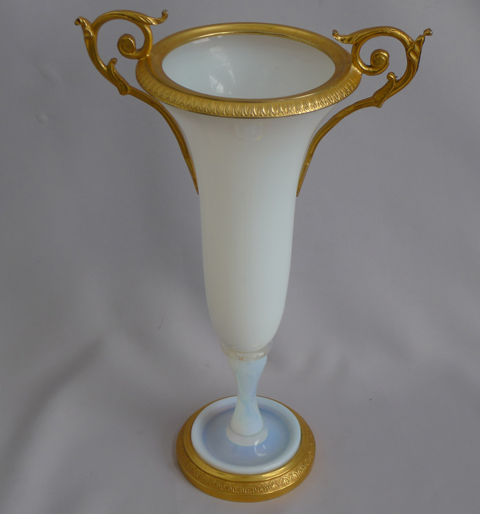 Beautiful pale opalescent glass vase with ormolu mounts.