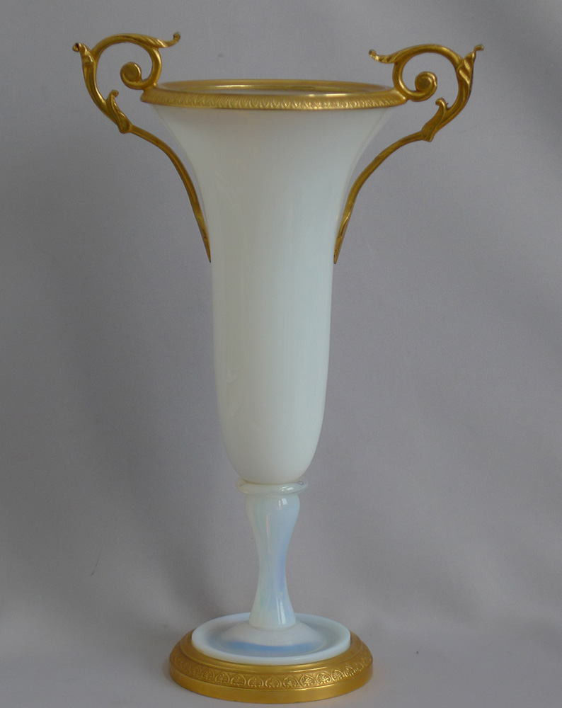 Beautiful pale opalescent glass vase with ormolu mounts.