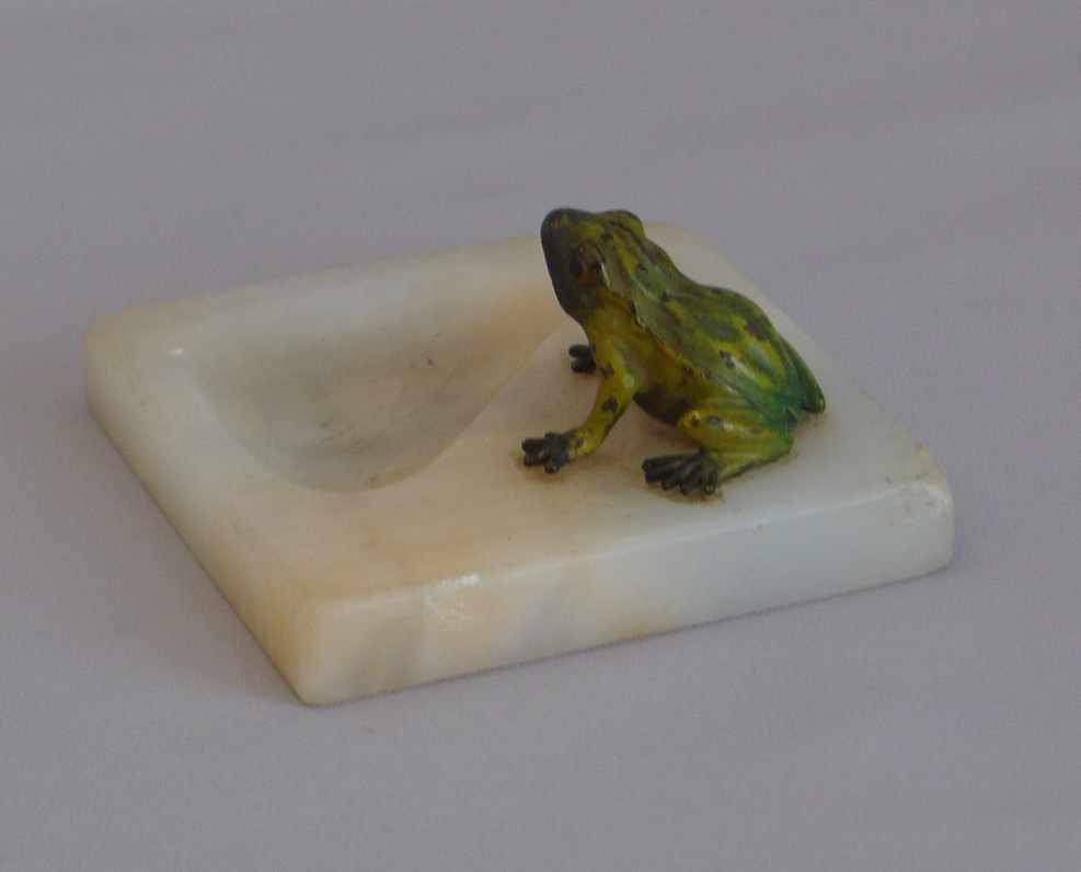 Antique Austrian pintray with cold painted bronze Frog on an onyx base