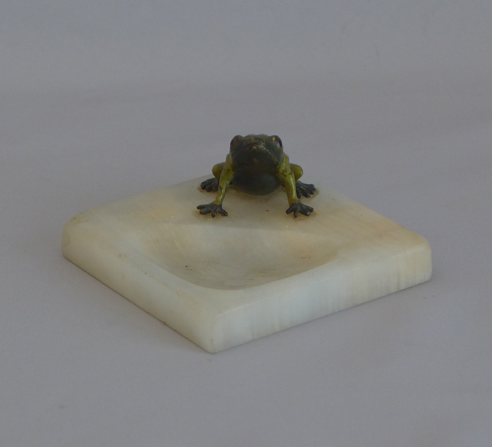 Antique Austrian pintray with cold painted bronze Frog on an onyx base