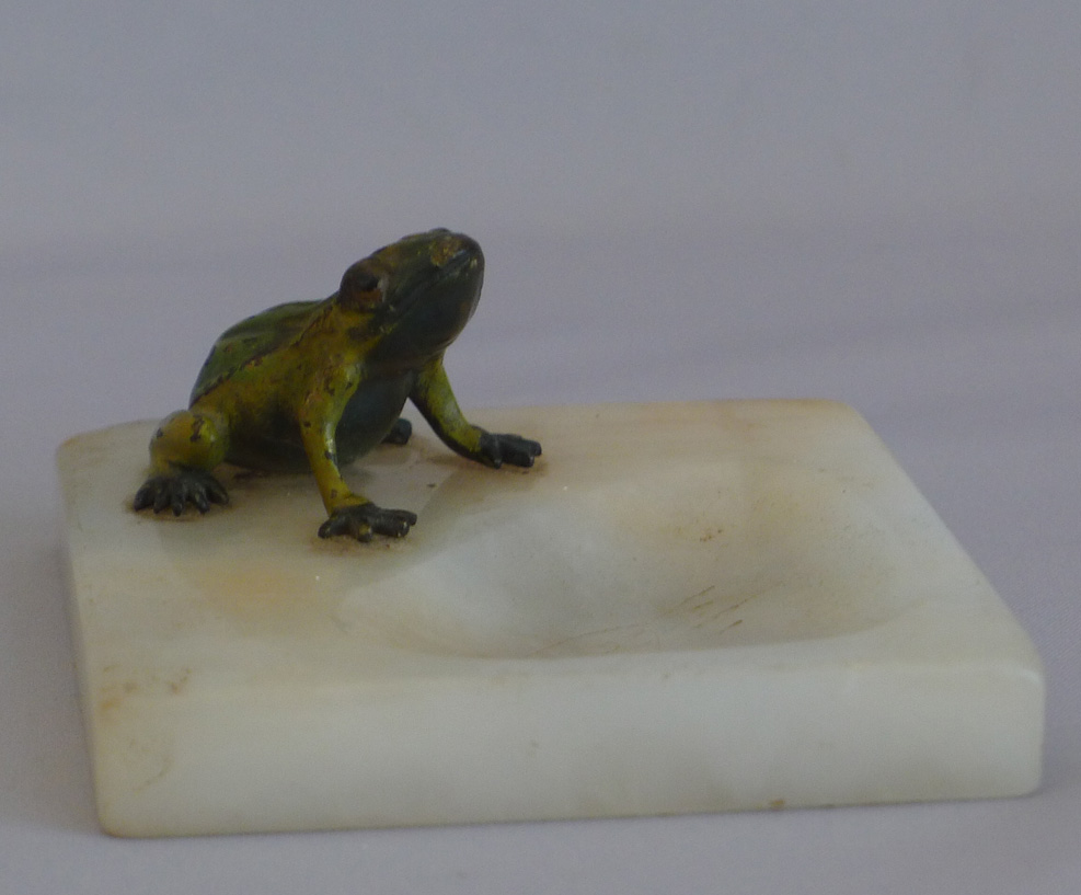 Antique Austrian pintray with cold painted bronze Frog on an onyx base