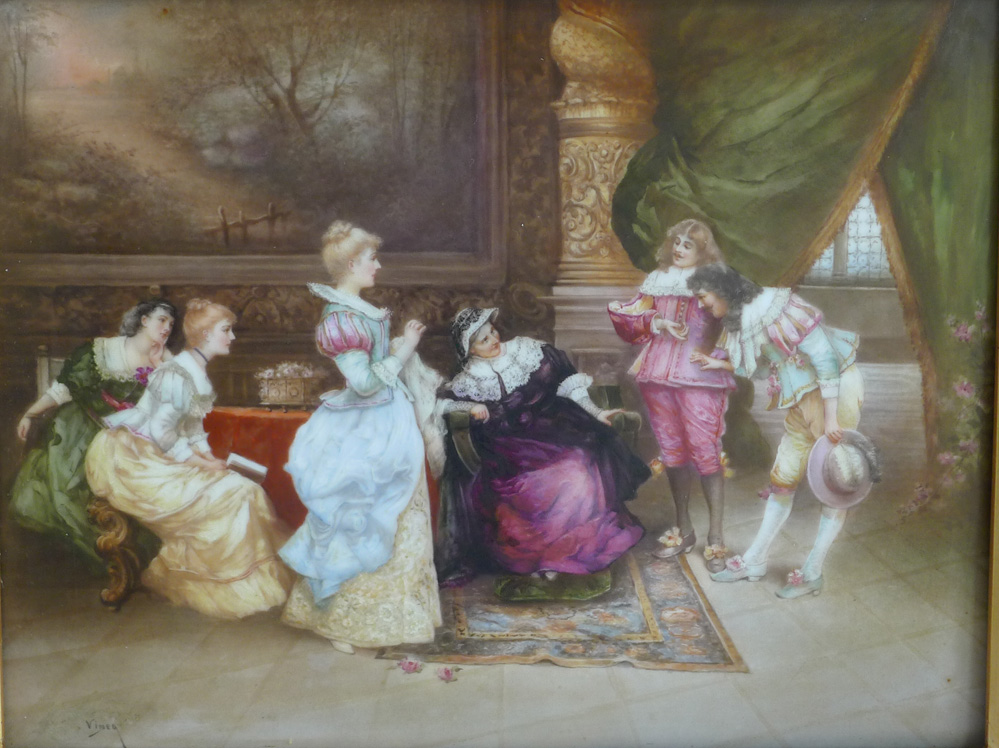 Antique Sevres plaque depicting nobles in Gilt wood frame signed Vinea