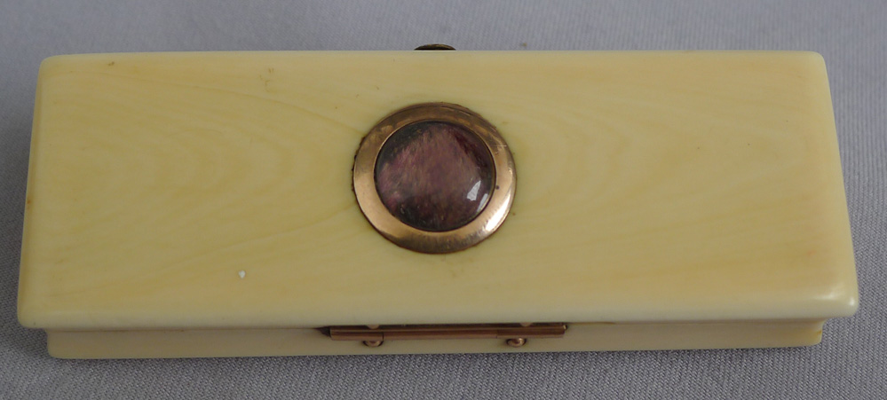 English Antique Geroge III ivory and gold toothpick holder with Agate inset