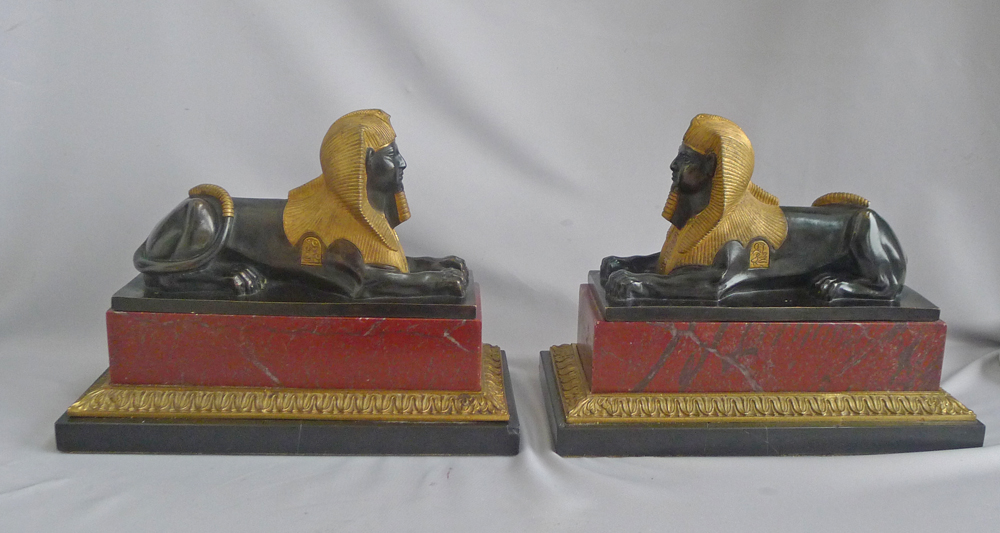 Antique Pair of Grand Tour Sphinxs in Ormolu, patinated bronze and Red and black marble