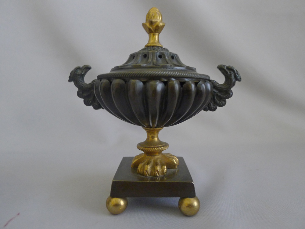 Antique Pair of English Regency pastille burners in patinated bronze and Ormolu