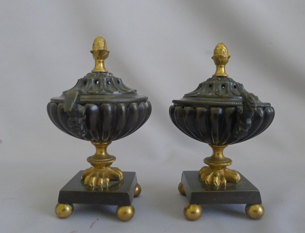 Antique Pair of English Regency pastille burners in patinated bronze and Ormolu