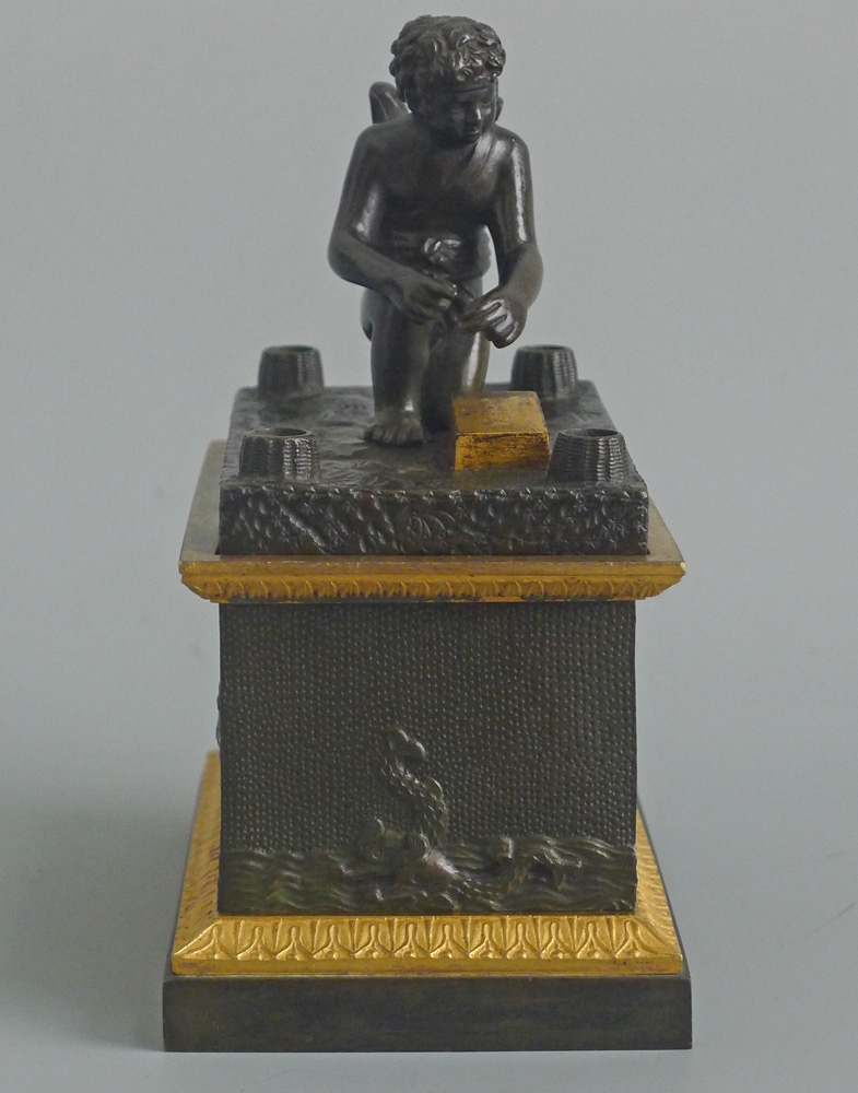 Antique French Charles X Grand Tour Inkwell with Cupid Sharpening his arrows