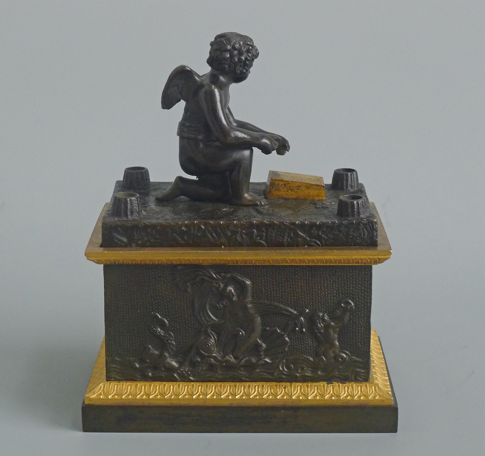 Antique French Charles X Grand Tour Inkwell with Cupid Sharpening his arrows