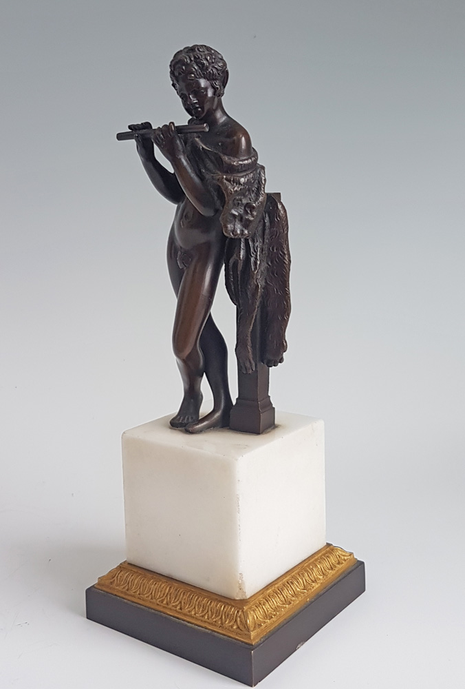 Early English Regency Grand Tour bronze of Pan ormolu mounted carrera marble base