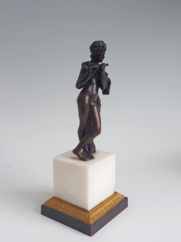 Early English Regency Grand Tour bronze of Pan ormolu mounted carrera marble base