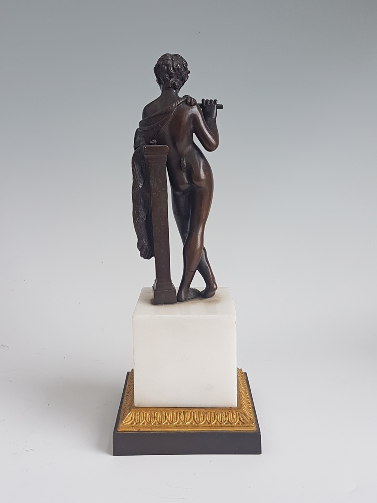 Early English Regency Grand Tour bronze of Pan ormolu mounted carrera marble base