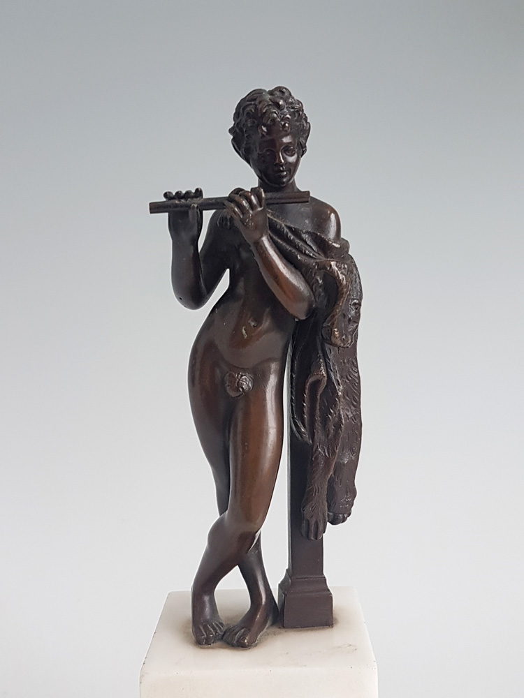 Early English Regency Grand Tour bronze of Pan ormolu mounted carrera marble base