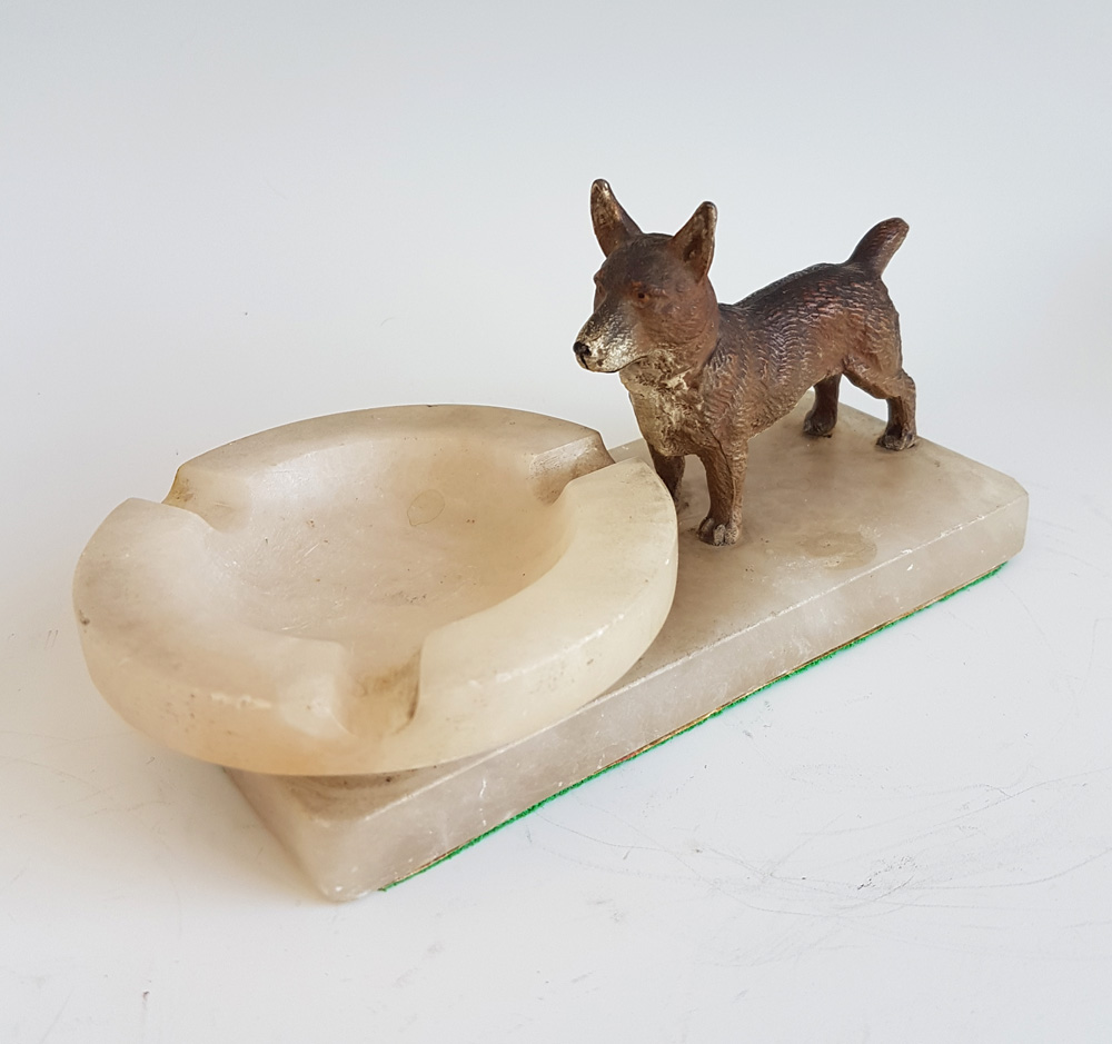 Austrian cold painted bronze of a Dog with alabaster pin tray