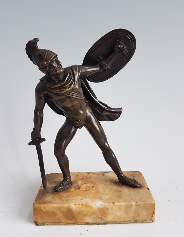 Antique Grand Tour pair of bronze Gladiators on Sienna marble bases.