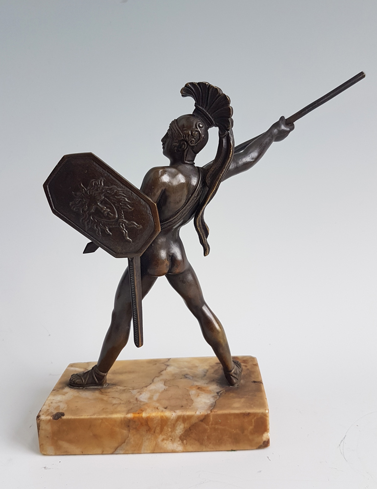Antique Grand Tour pair of bronze Gladiators on Sienna marble bases.