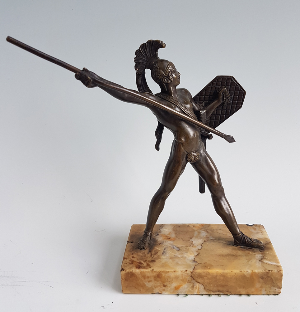 Antique Grand Tour pair of bronze Gladiators on Sienna marble bases.