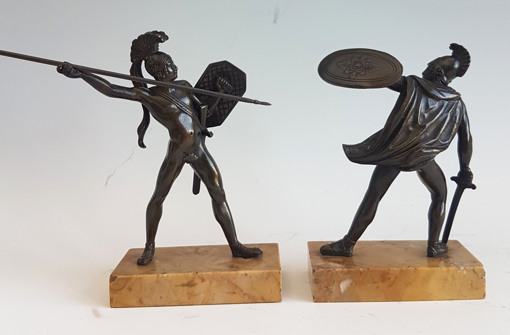 Antique Grand Tour pair of bronze Gladiators on Sienna marble bases
