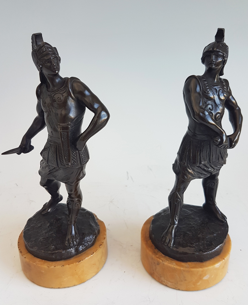 Antique Grand Tour pair of bronze Gladiators on Sienna marble bases
