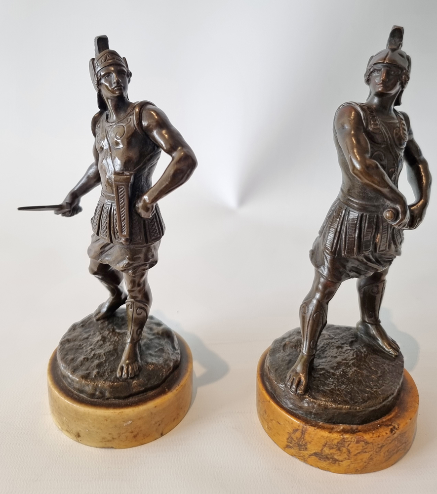 Antique Grand Tour pair of bronze Gladiators on Sienna marble bases