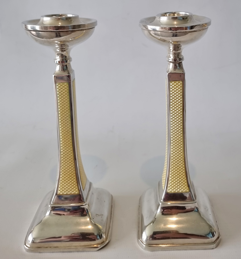 Art Deco Silver and Imperial Yellow Guilloche enamel Candlesticks
