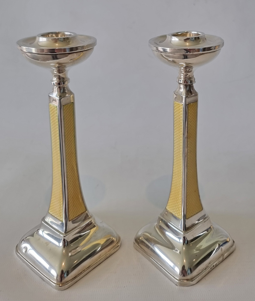 Art Deco Silver and Imperial Yellow Guilloche enamel Candlesticks