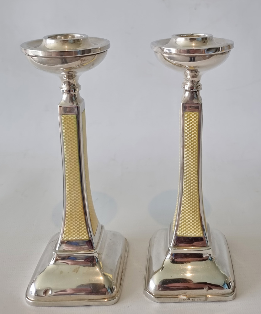 Art Deco Silver and Imperial Yellow Guilloche enamel Candlesticks