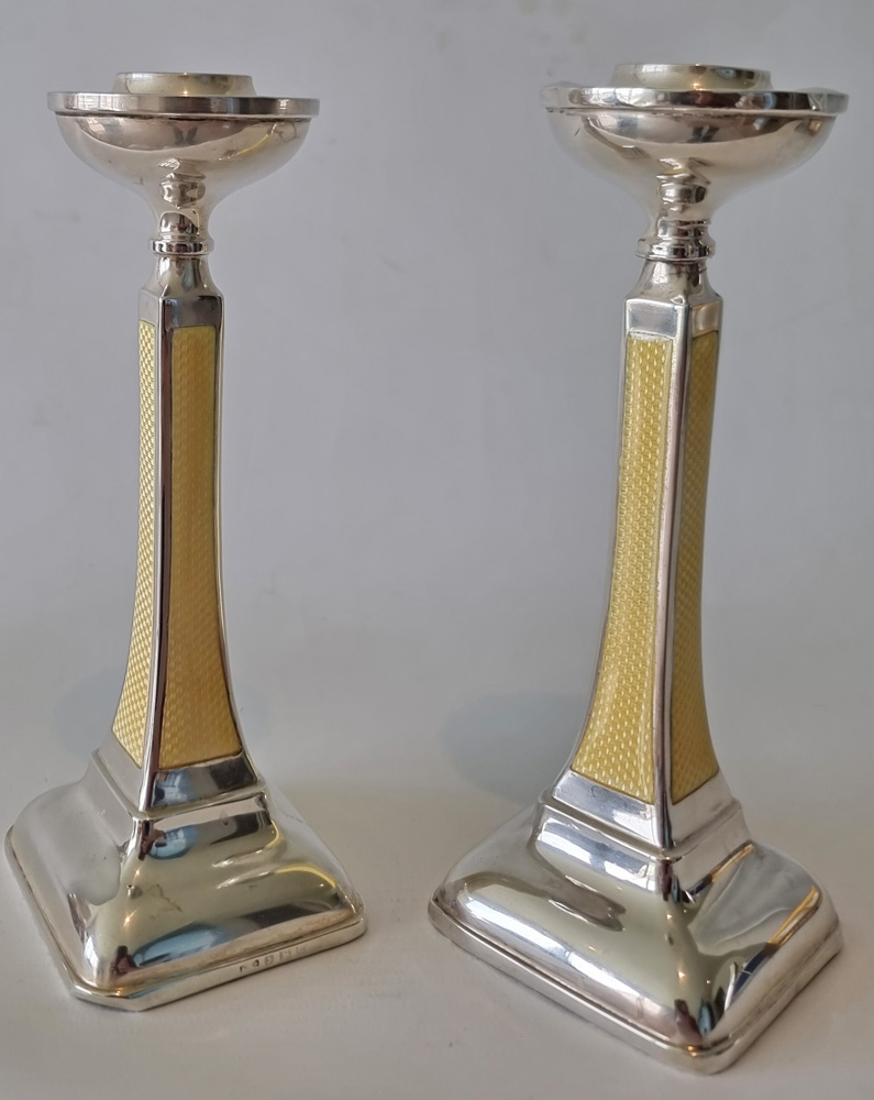Art Deco Silver and Imperial Yellow Guilloche enamel Candlesticks