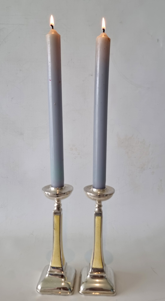 Art Deco Silver and Imperial Yellow Guilloche enamel Candlesticks