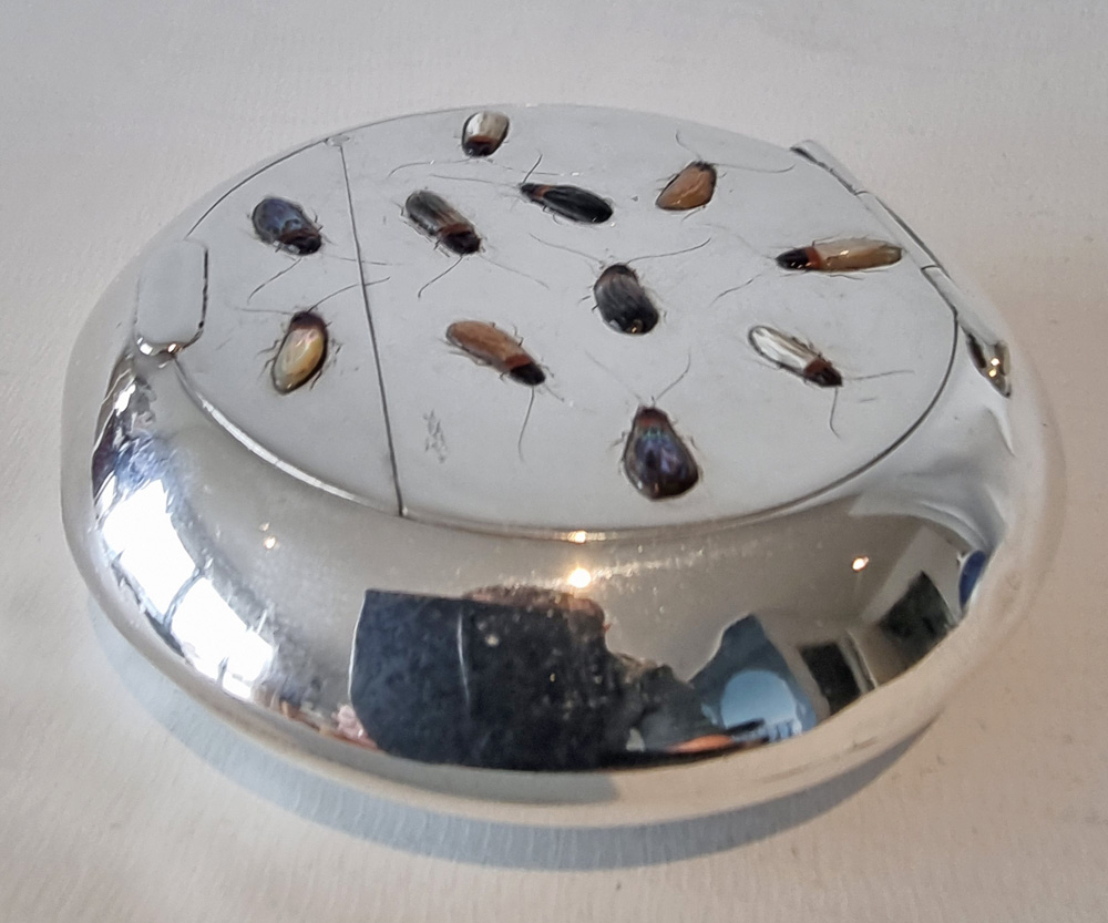 Silver and Shibayama tobacco box with combination Vesta lid