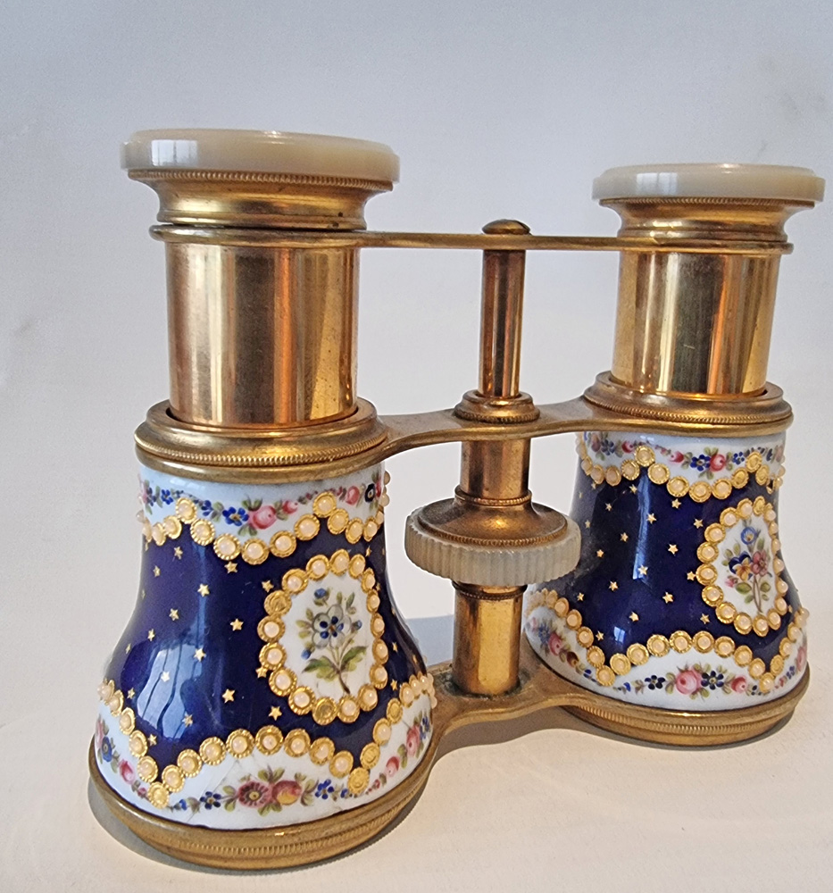 Antique French enamel, brass and mother of pearl Opera Glasses