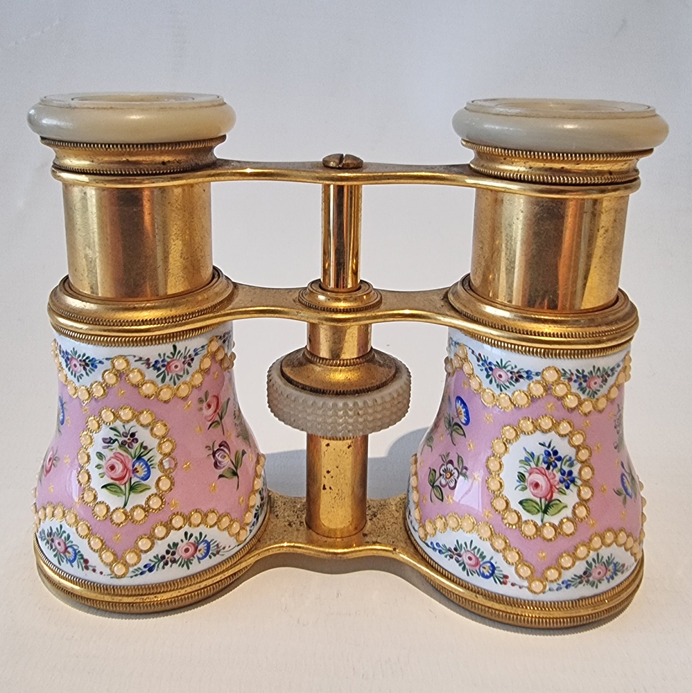 Antique French enamel, brass and mother of pearl Opera Glasses