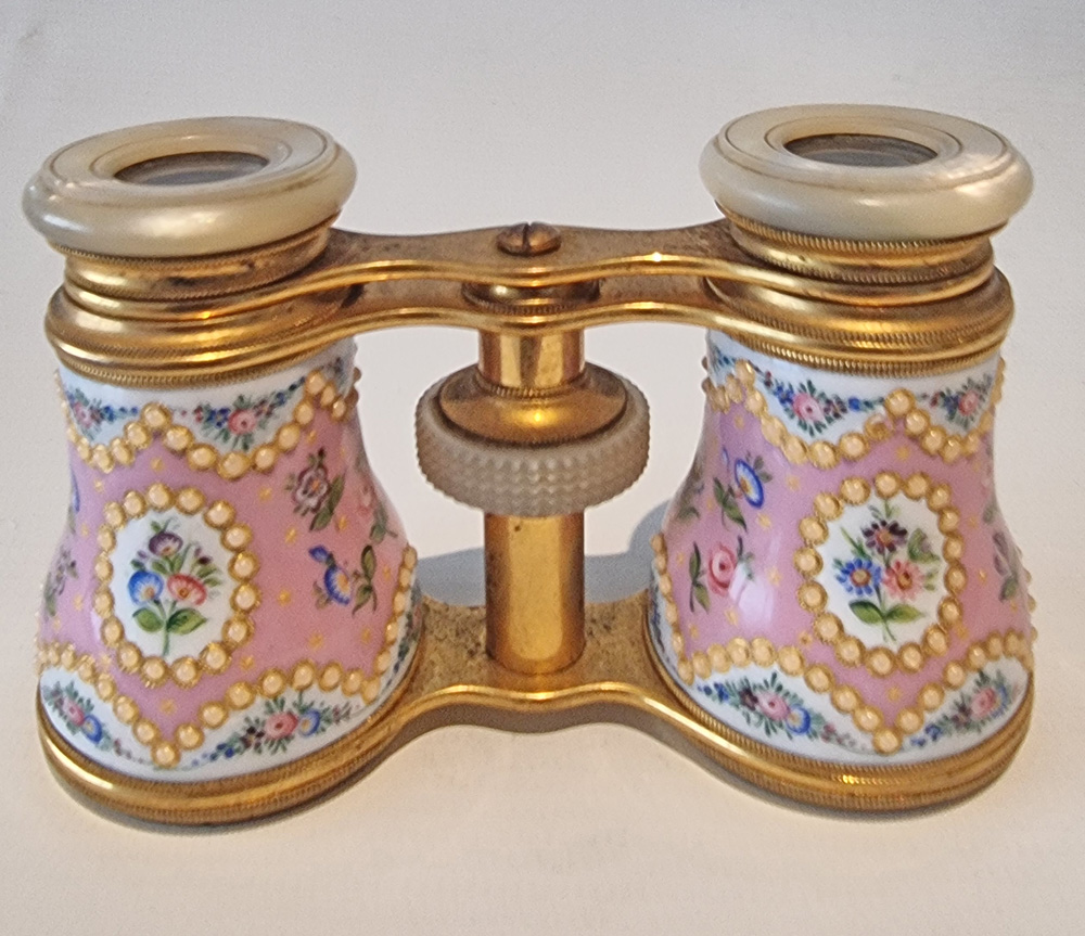Antique French enamel, brass and mother of pearl Opera Glasses