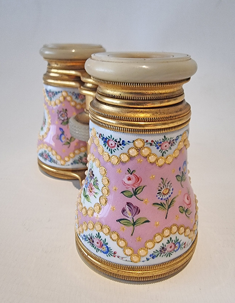 Antique French enamel, brass and mother of pearl Opera Glasses