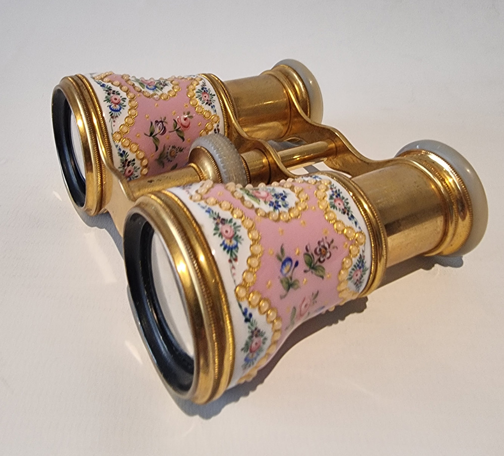 Antique French enamel, brass and mother of pearl Opera Glasses