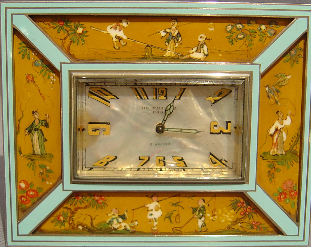 Swiss enamel and hand painted chinnoisserie strut clock.