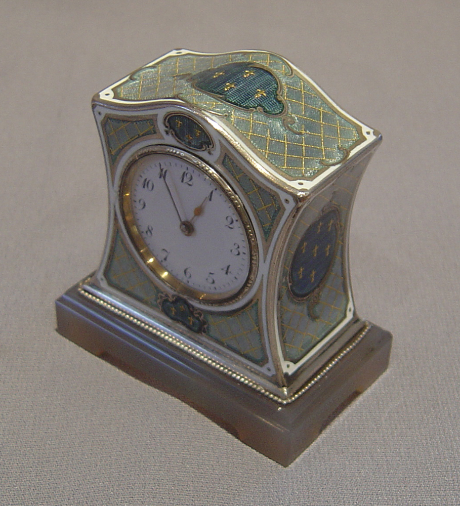 Silver, enamel and nephrite boudoir clock.
