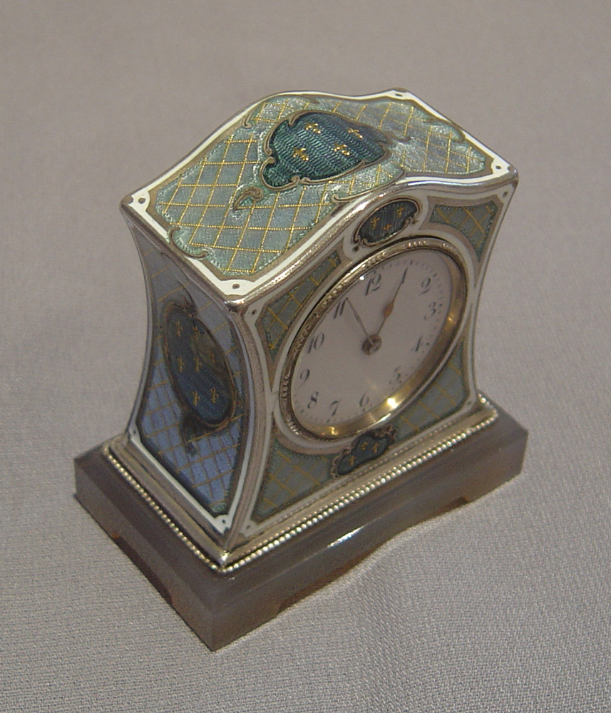 Silver, enamel and nephrite boudoir clock.