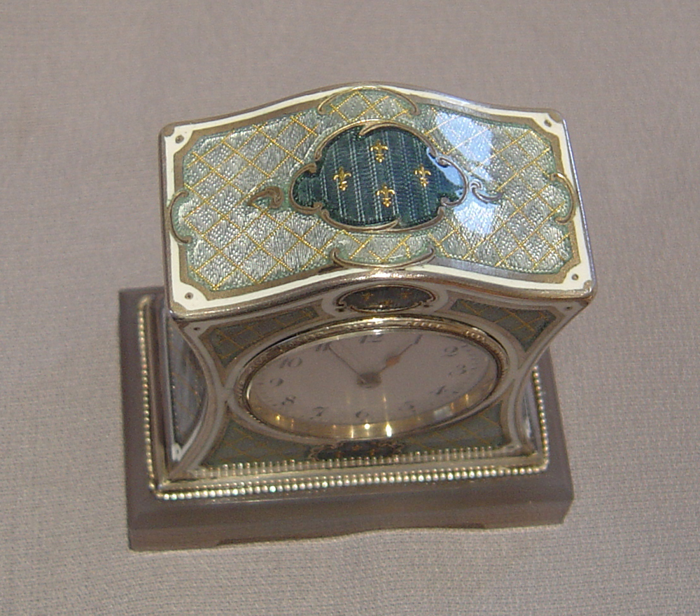 Silver, enamel and nephrite boudoir clock.