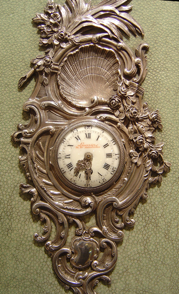 Antique French Napoleon III Silver & shagreen Strut clock.