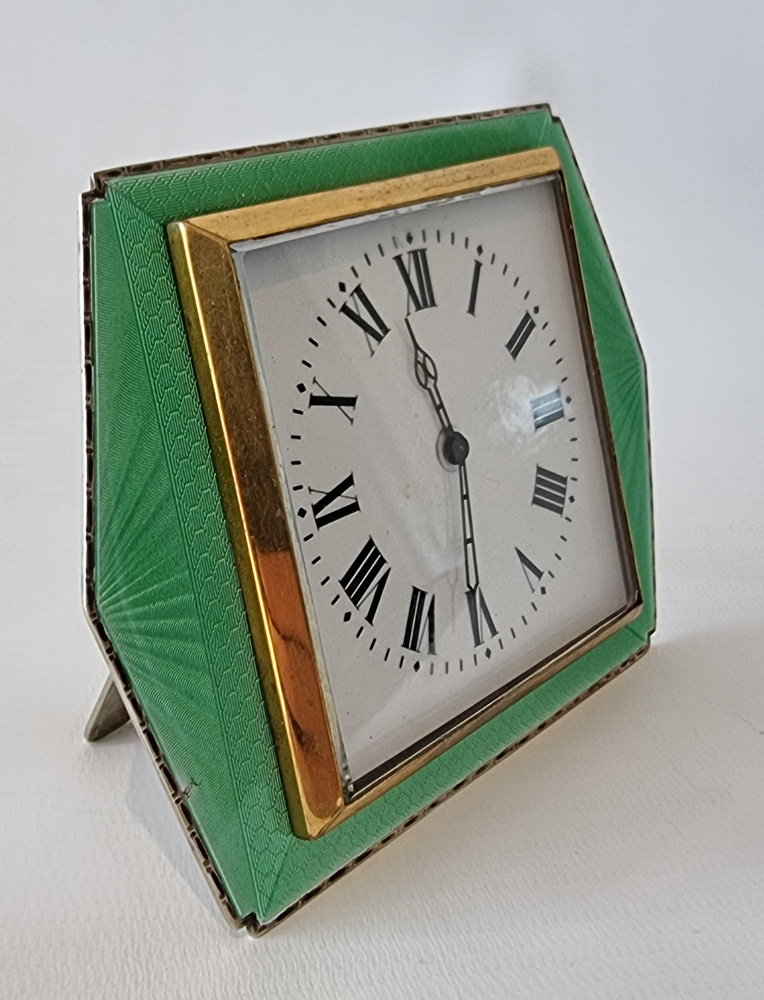 Art Deco silver & green guilloche enamel strut clock.