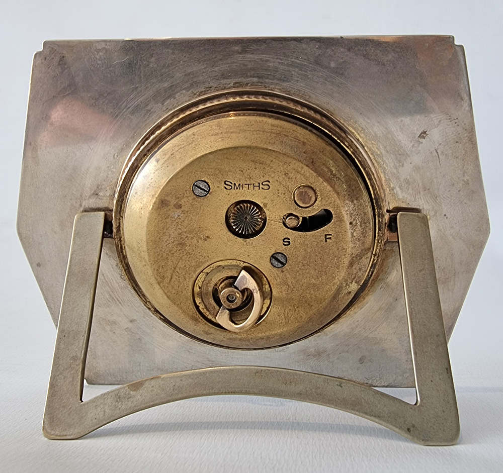 Art Deco silver & green guilloche enamel strut clock.